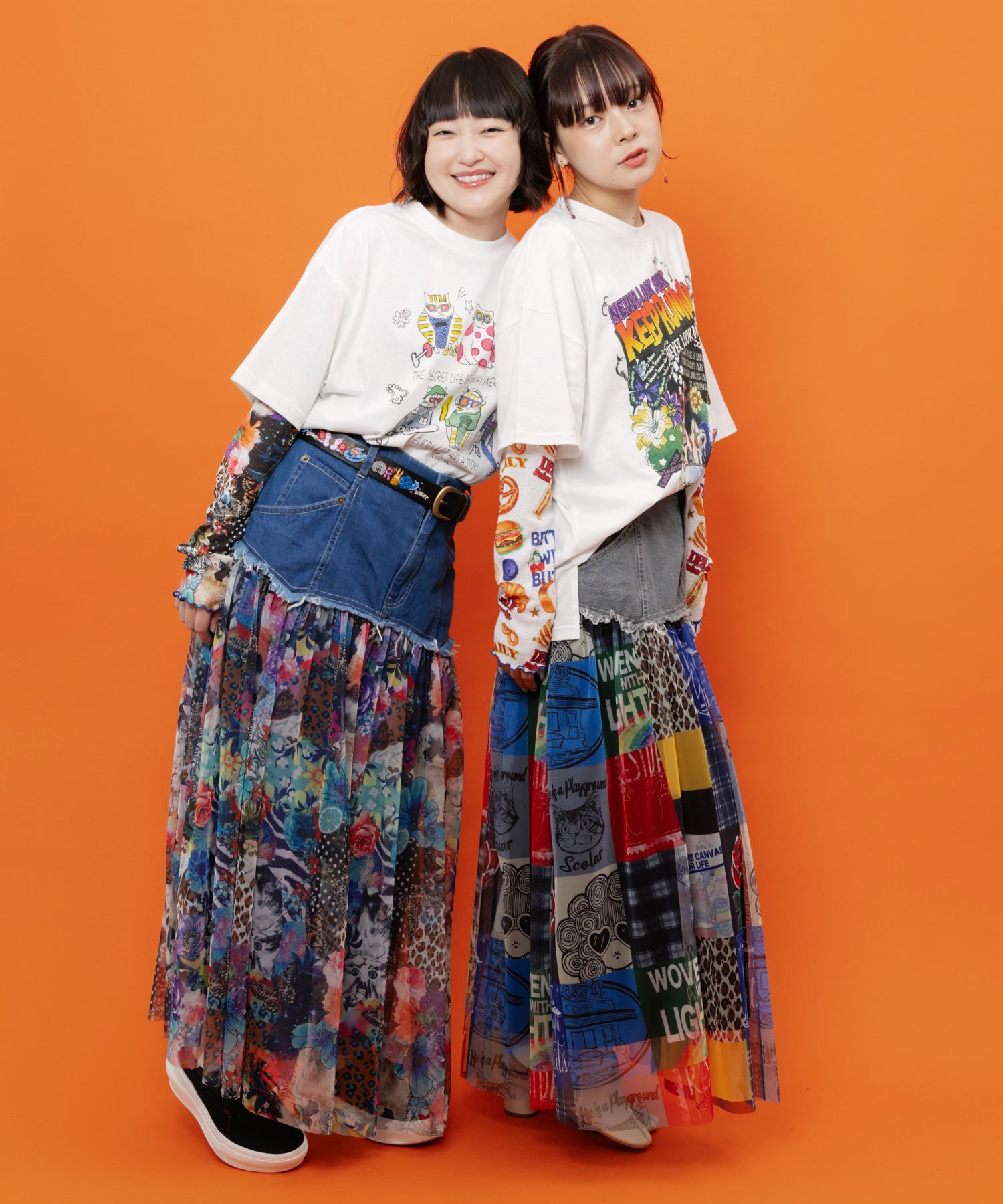 162738：2柄展開 デニム×チュール切替スカートの通販-ScoLar