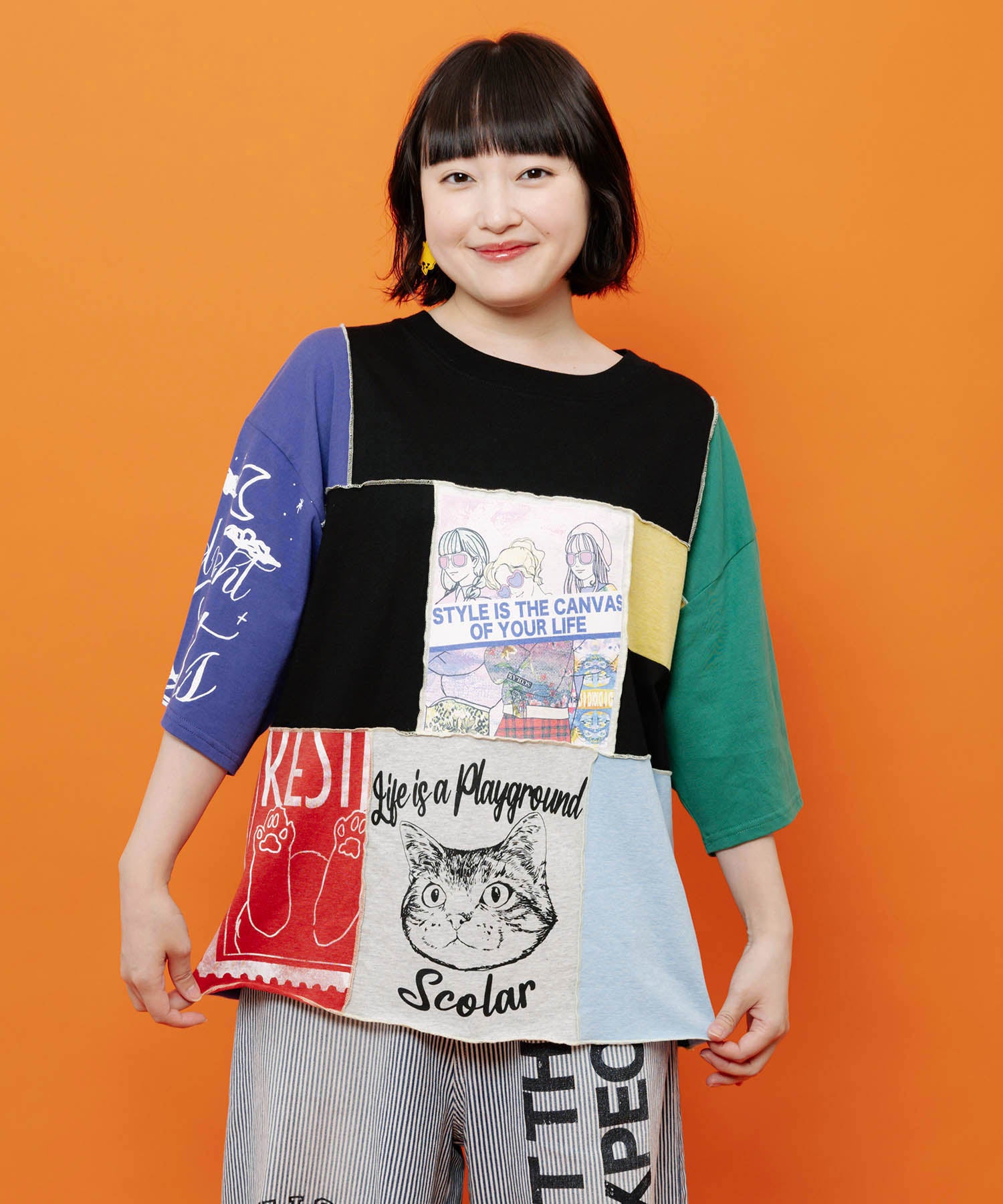 162732：配色パッチワーク風切替Tシャツの通販-ScoLar
