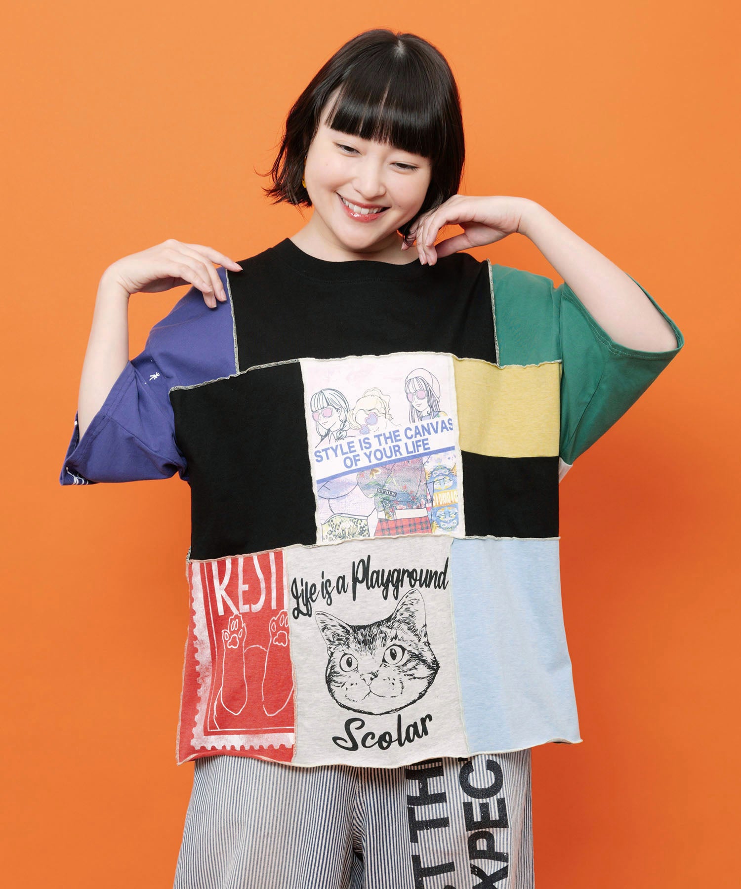 162732：配色パッチワーク風切替Tシャツの通販-ScoLar