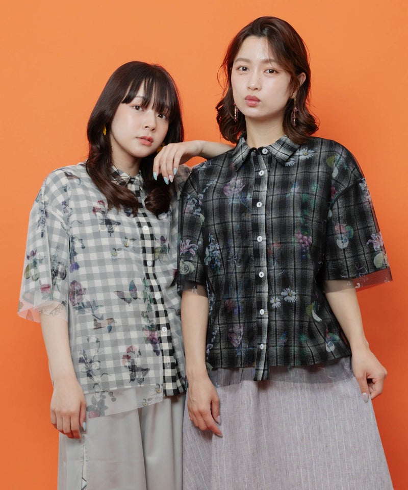 お花とフルーツ柄 チュール重ねチェックシャツ-1