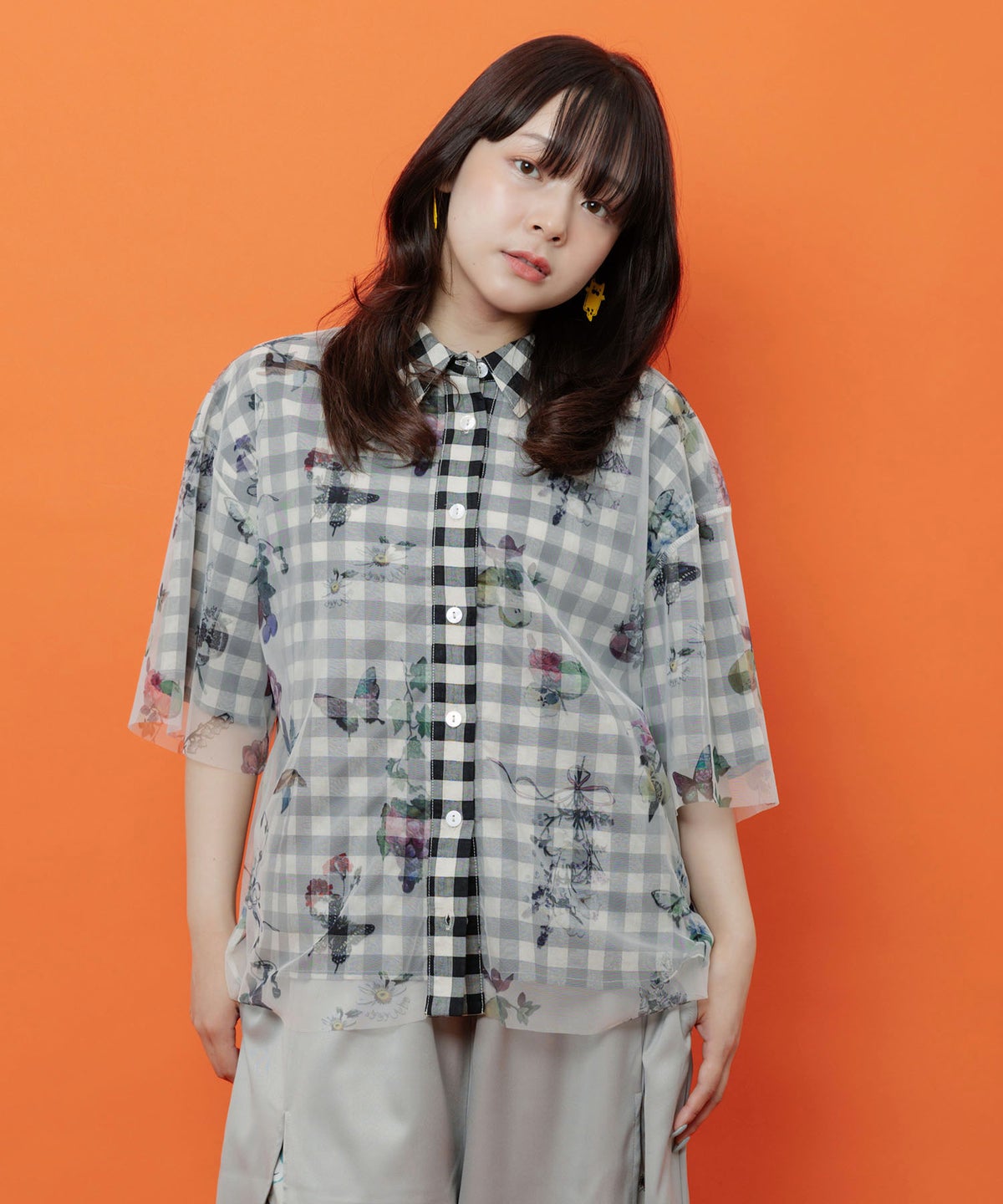 お花とフルーツ柄 チュール重ねチェックシャツ-8