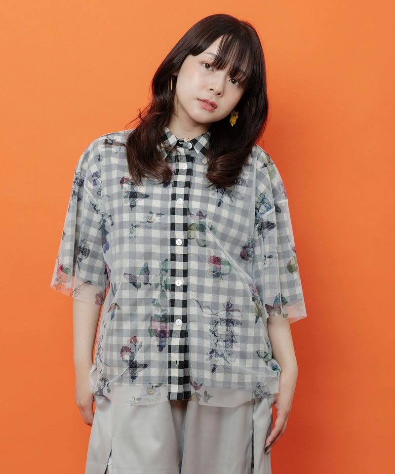 お花とフルーツ柄 チュール重ねチェックシャツ-8
