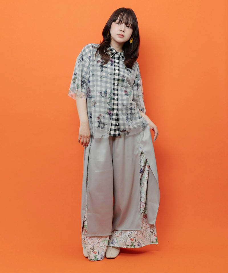 お花とフルーツ柄 チュール重ねチェックシャツ-9
