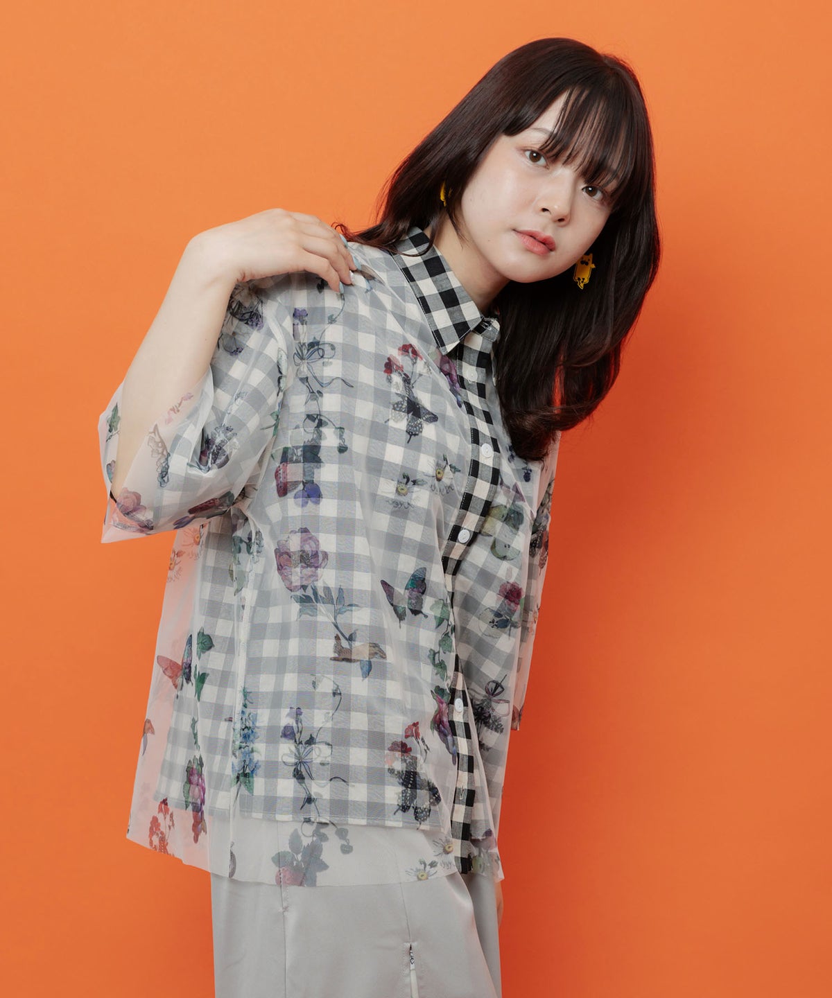お花とフルーツ柄 チュール重ねチェックシャツ-10