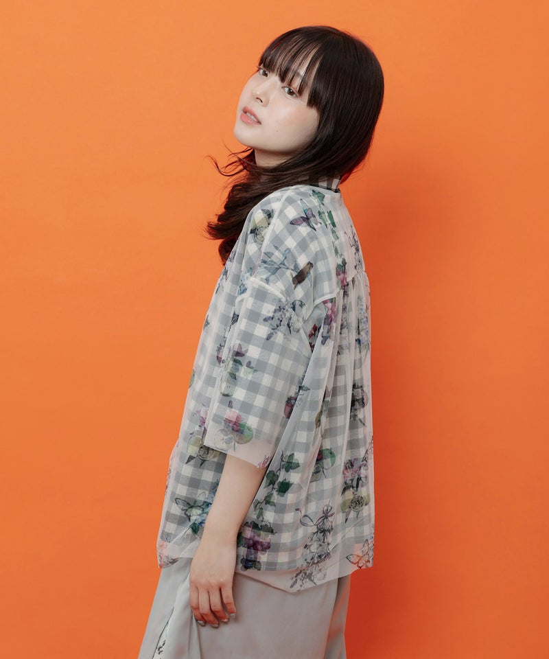 お花とフルーツ柄 チュール重ねチェックシャツ-12
