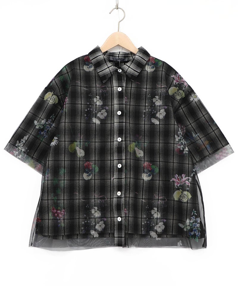 お花とフルーツ柄 チュール重ねチェックシャツ-16