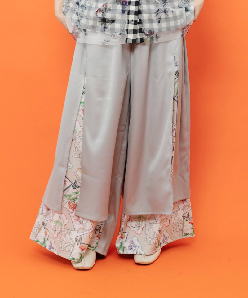 無地×お花図鑑柄 スリット入りワイドパンツ-1