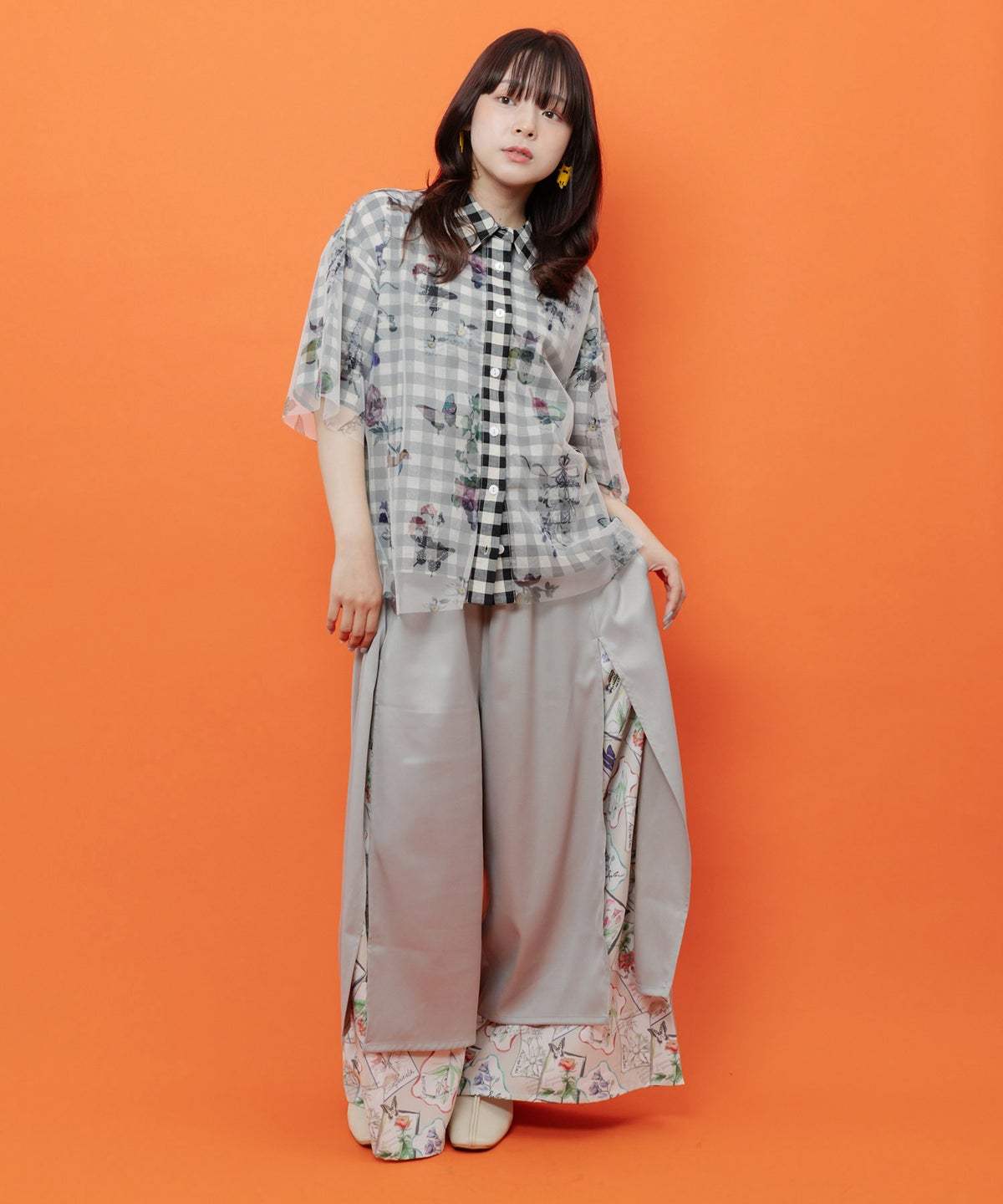 無地×お花図鑑柄 スリット入りワイドパンツ-2