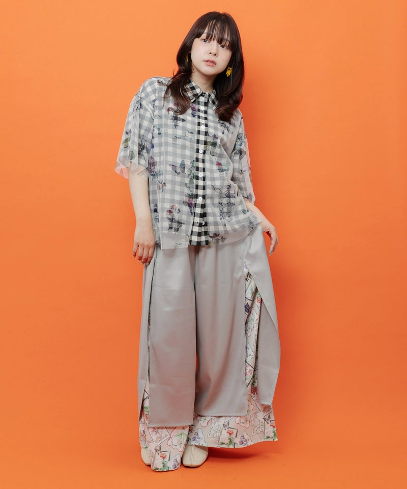 無地×お花図鑑柄 スリット入りワイドパンツ-2