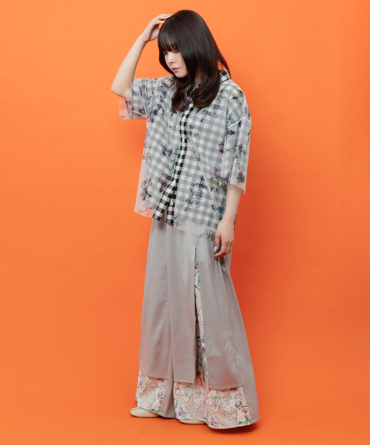 無地×お花図鑑柄 スリット入りワイドパンツ-3