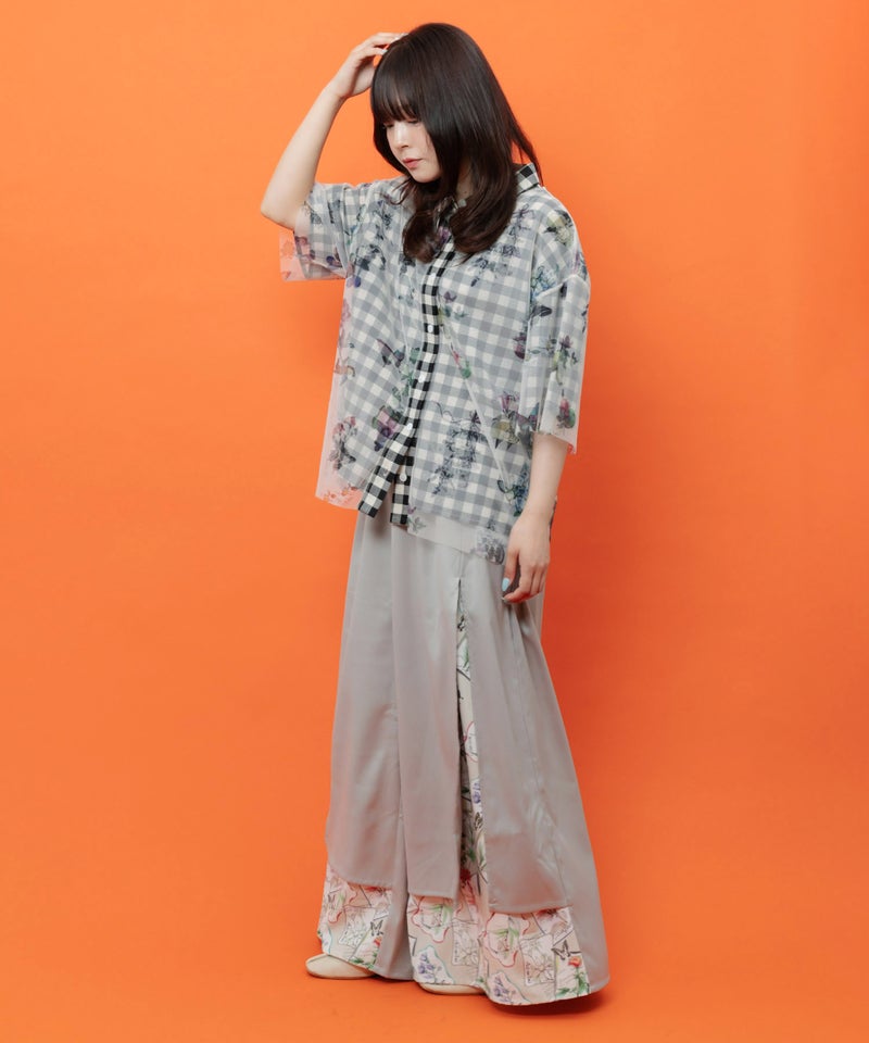 無地×お花図鑑柄 スリット入りワイドパンツ-3