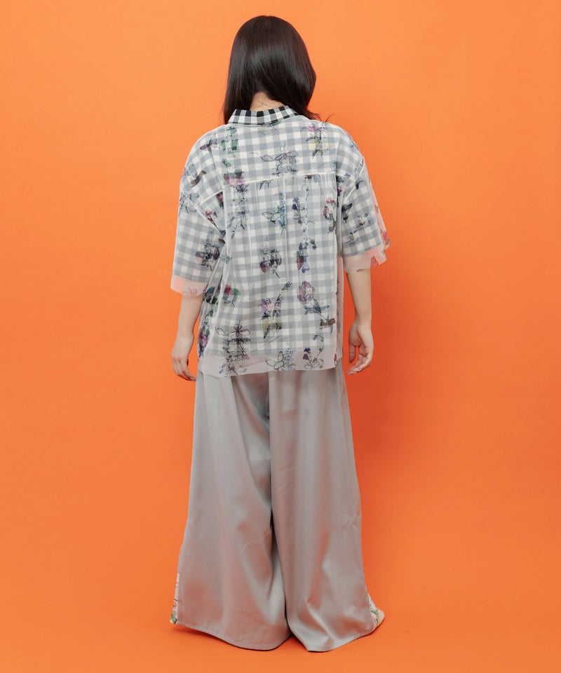 無地×お花図鑑柄 スリット入りワイドパンツ-4