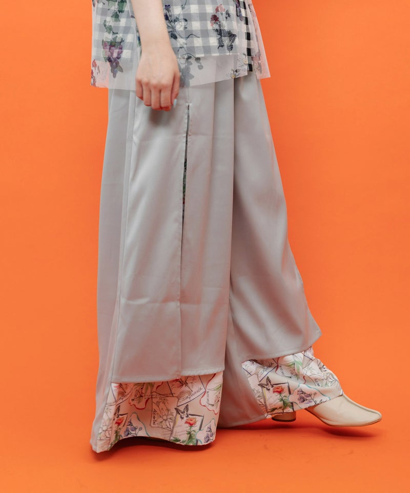 無地×お花図鑑柄 スリット入りワイドパンツ-7