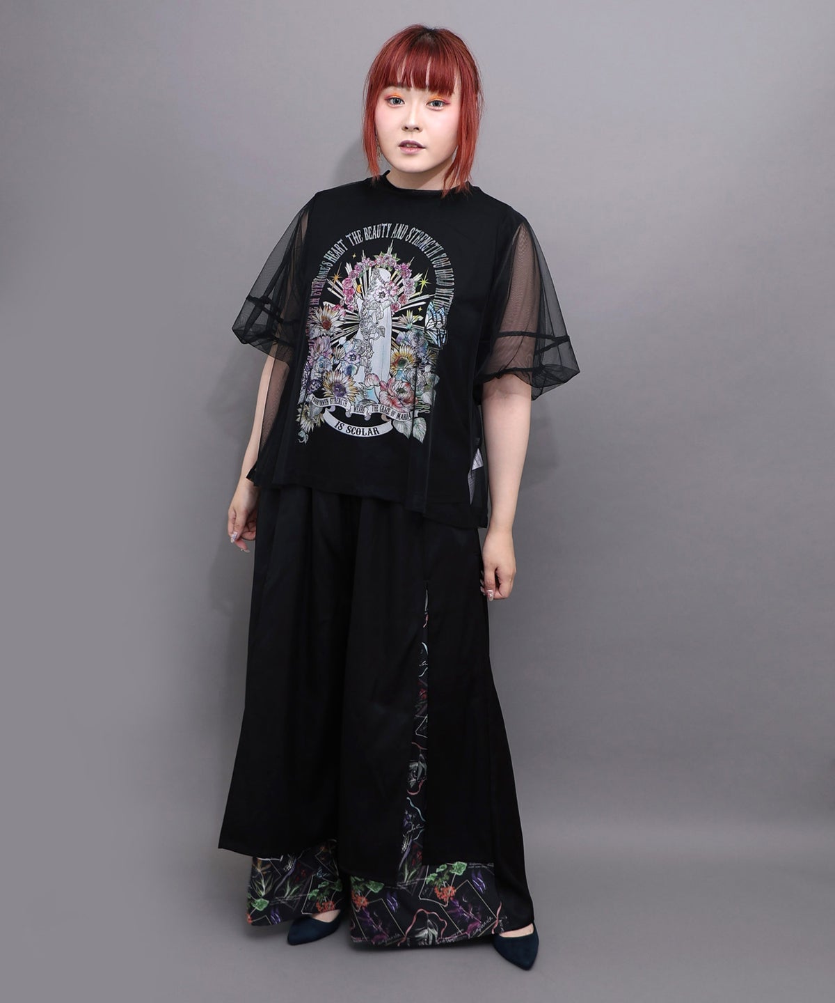 無地×お花図鑑柄 スリット入りワイドパンツ-10