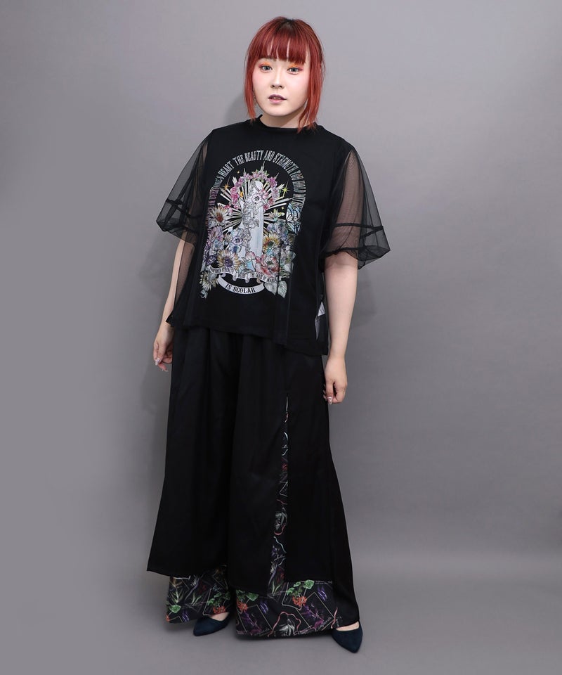 無地×お花図鑑柄 スリット入りワイドパンツ-10