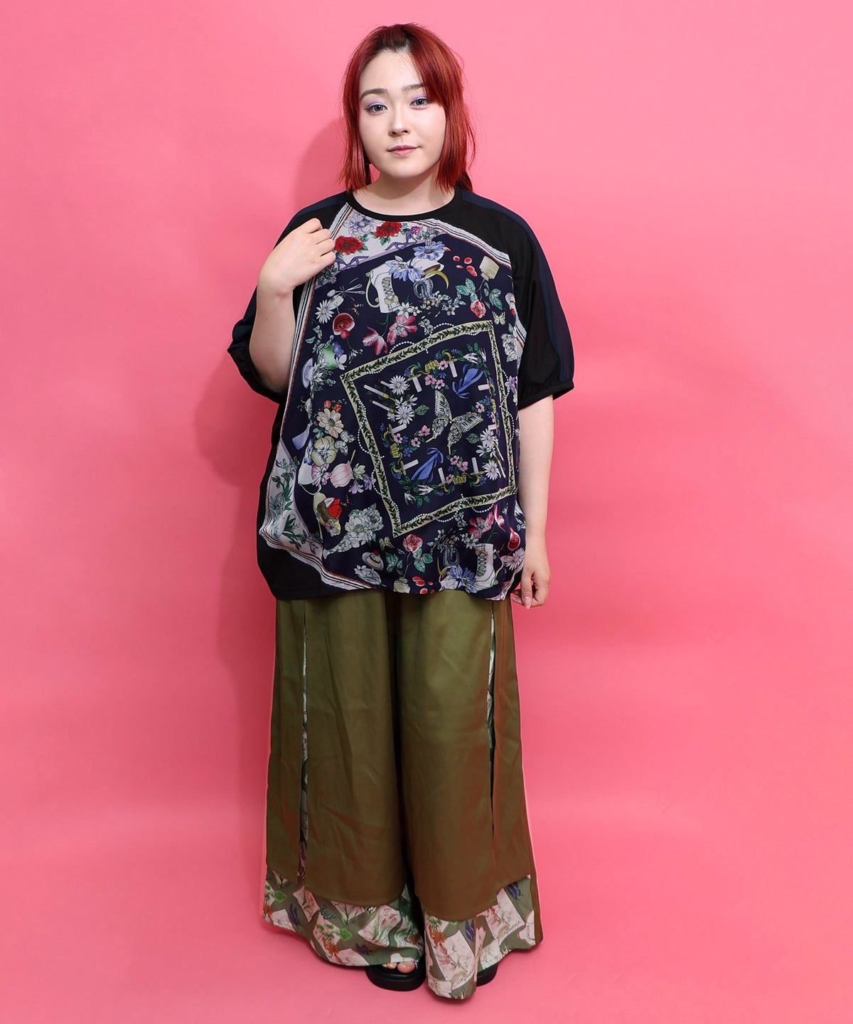 無地×お花図鑑柄 スリット入りワイドパンツ-14