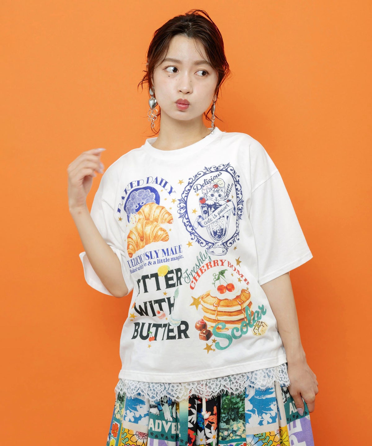 いろんなフード柄 裾レースTシャツ-1