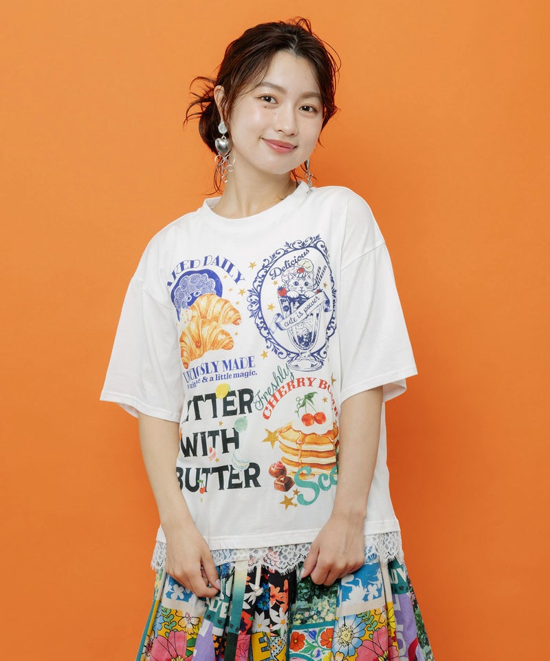 いろんなフード柄 裾レースTシャツ-3