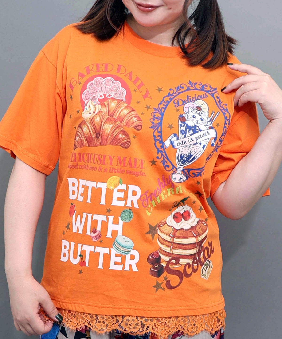 いろんなフード柄 裾レースTシャツ-13