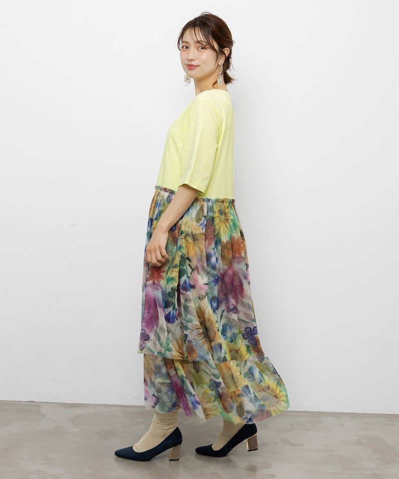 ひまわり柄チュール切替 Tシャツワンピース-3