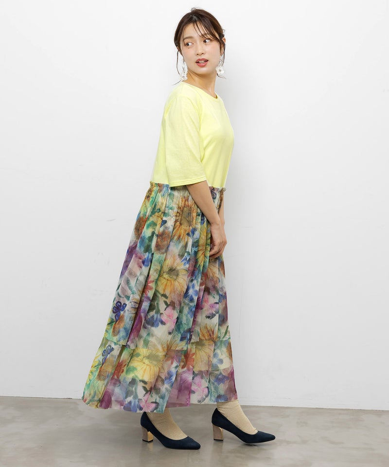 ひまわり柄チュール切替 Tシャツワンピース-5