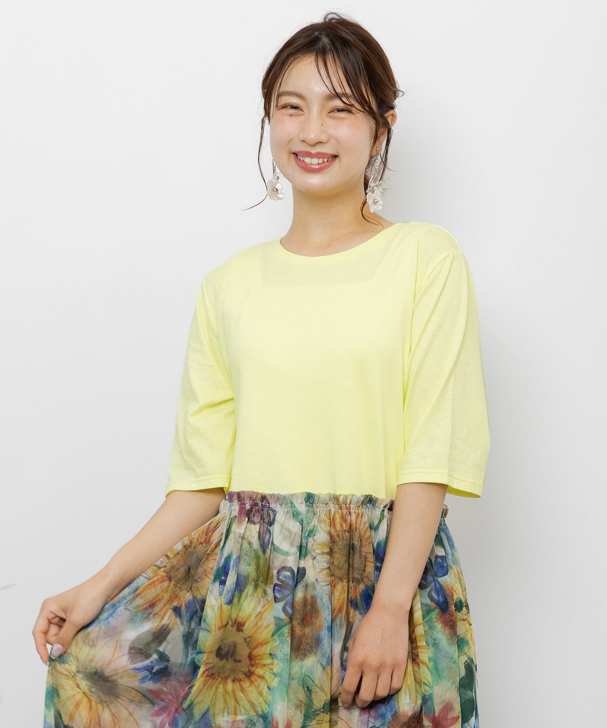 ひまわり柄チュール切替 Tシャツワンピース-6