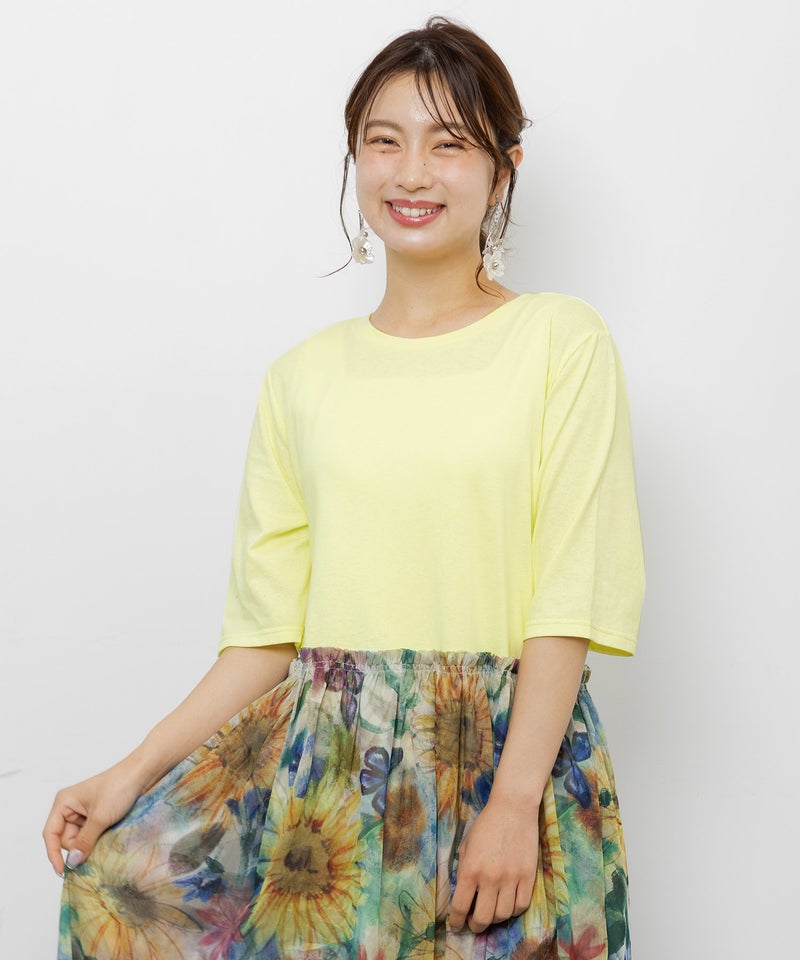 ひまわり柄チュール切替 Tシャツワンピース-6