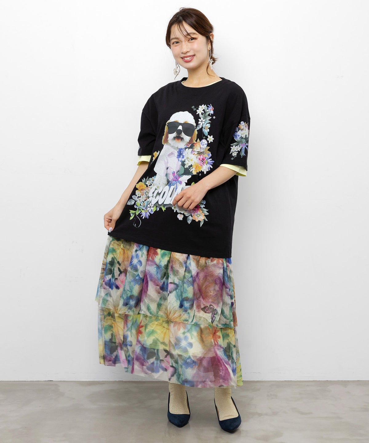 ひまわり柄チュール切替 Tシャツワンピース-8