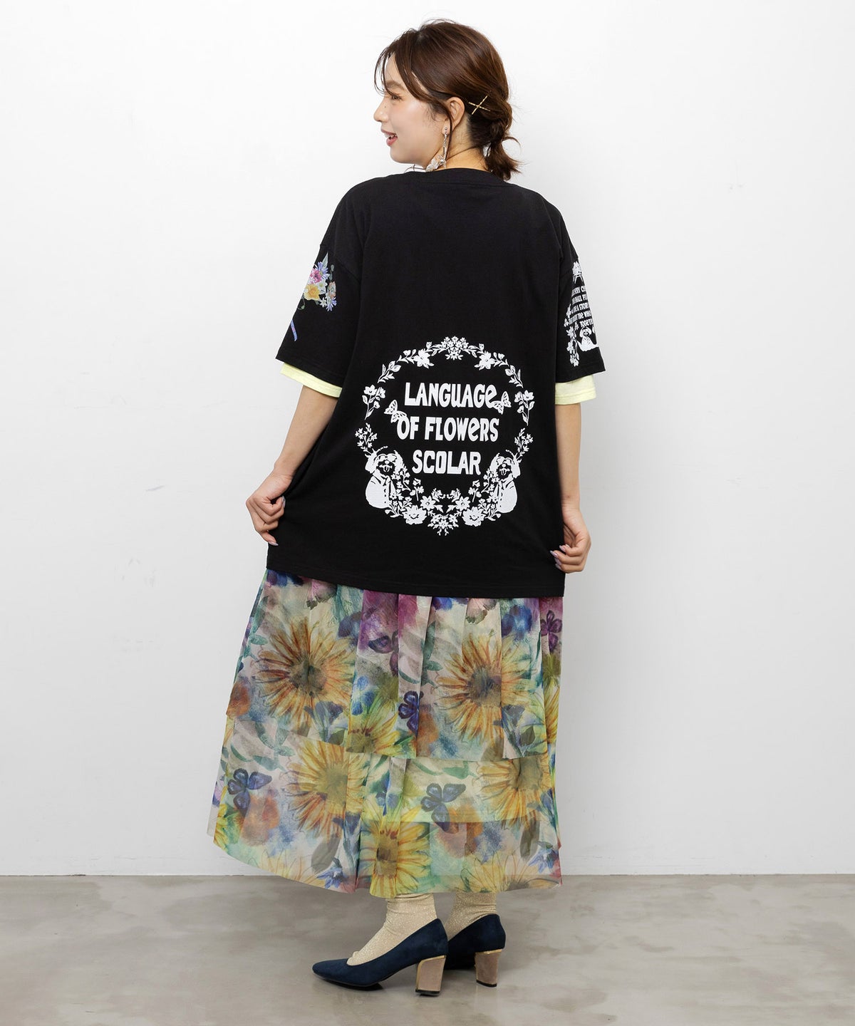 ひまわり柄チュール切替 Tシャツワンピース-10