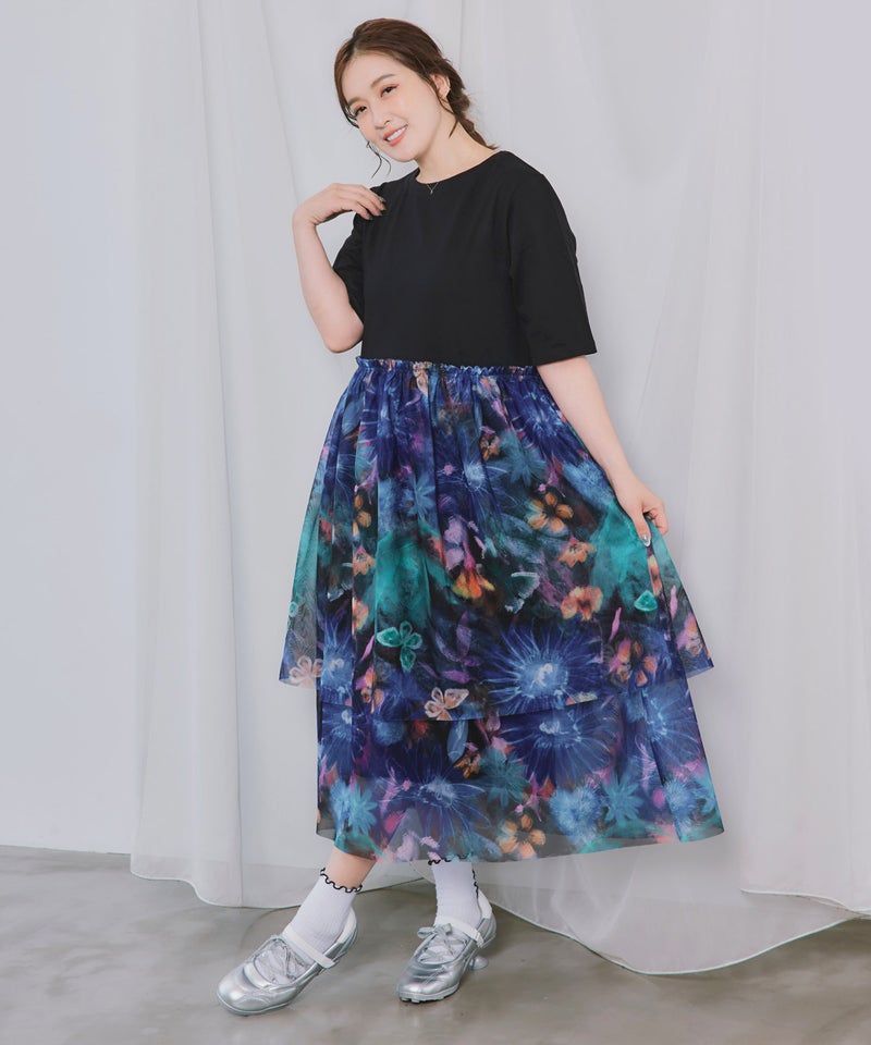 ひまわり柄チュール切替 Tシャツワンピース-11