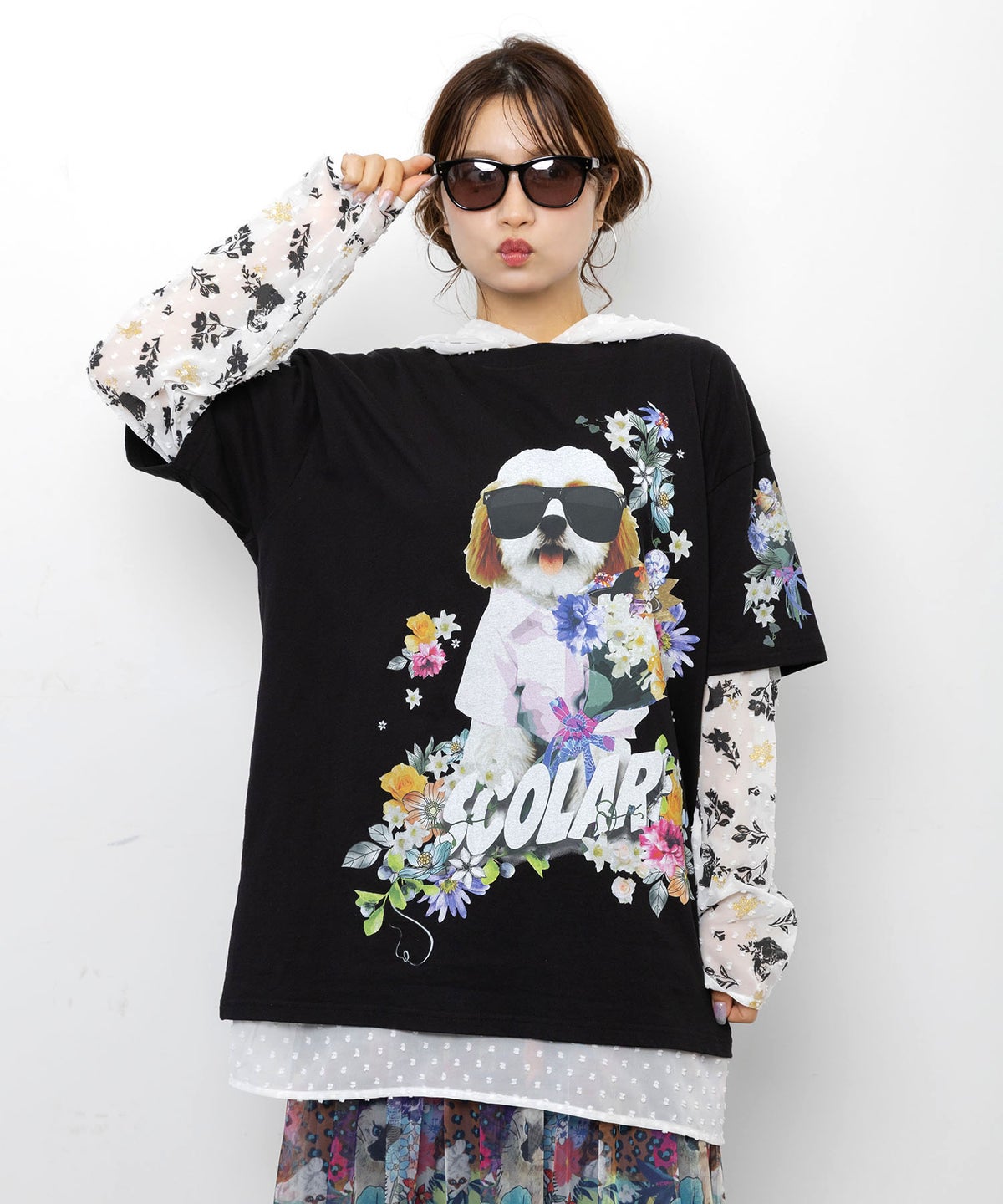 お花＆サングラスシーズーTシャツ-1