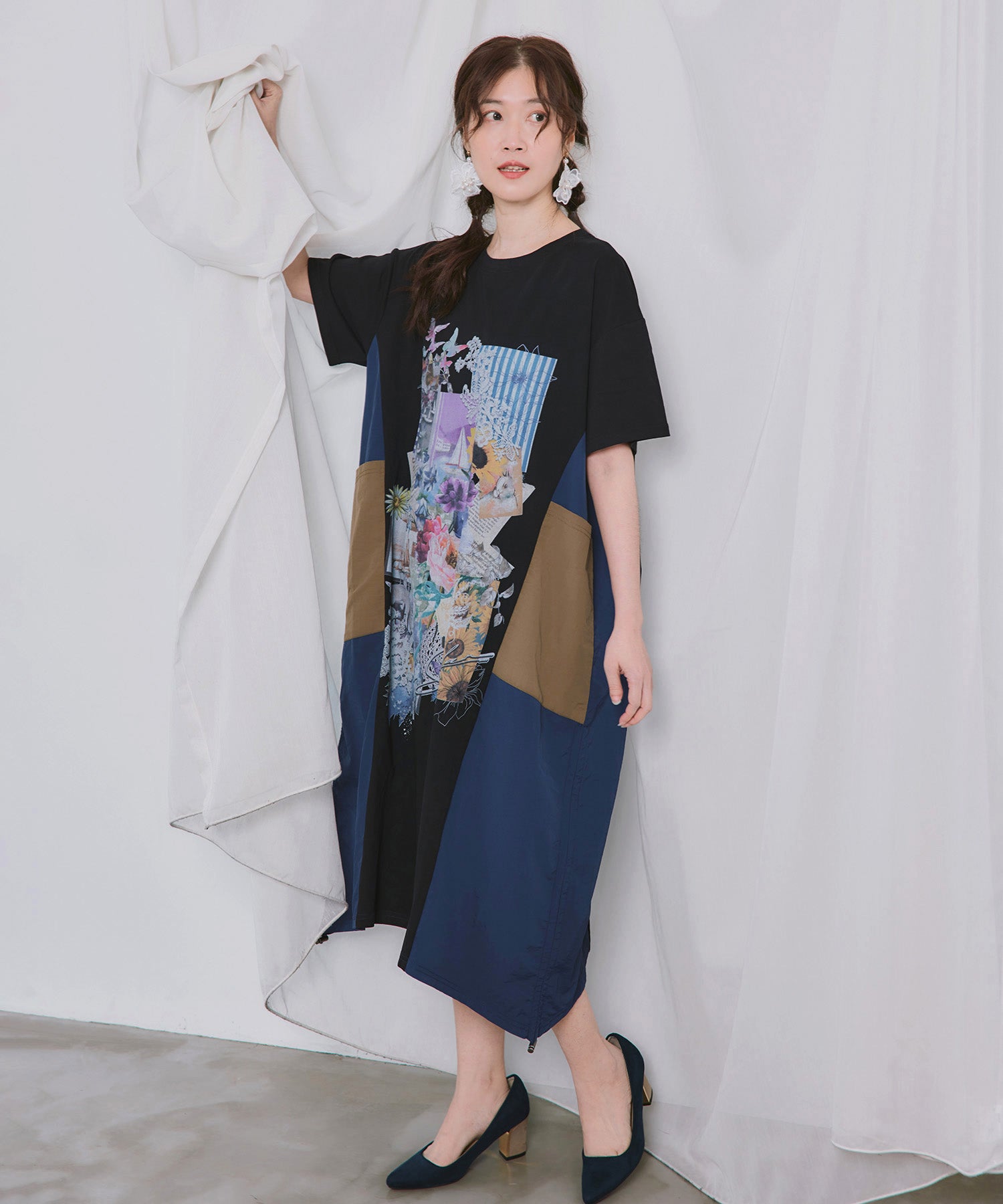 562259：夏の花コラージュ柄 異素材切替ワンピースの通販-ScoLar