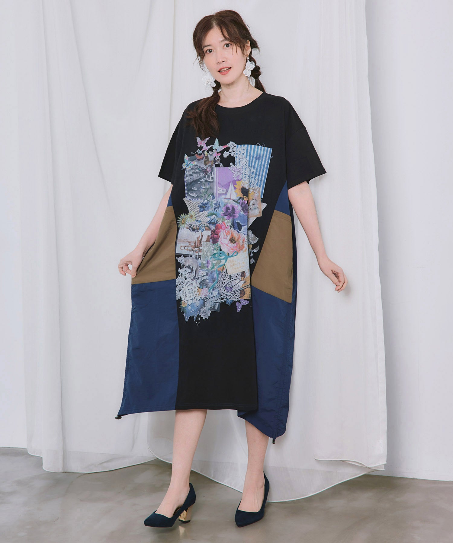 562259：夏の花コラージュ柄 異素材切替ワンピースの通販-ScoLar
