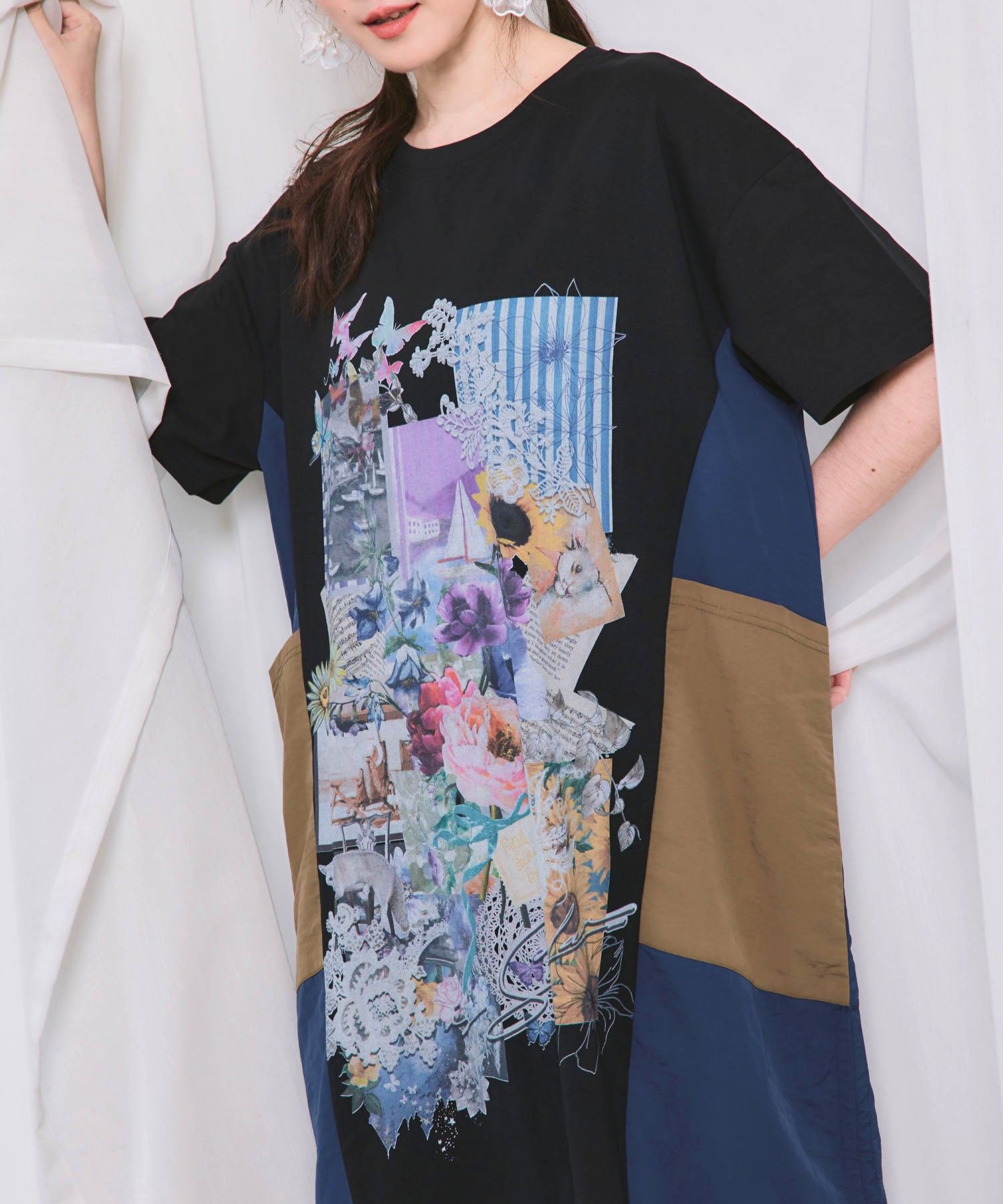562259：夏の花コラージュ柄 異素材切替ワンピースの通販-ScoLar