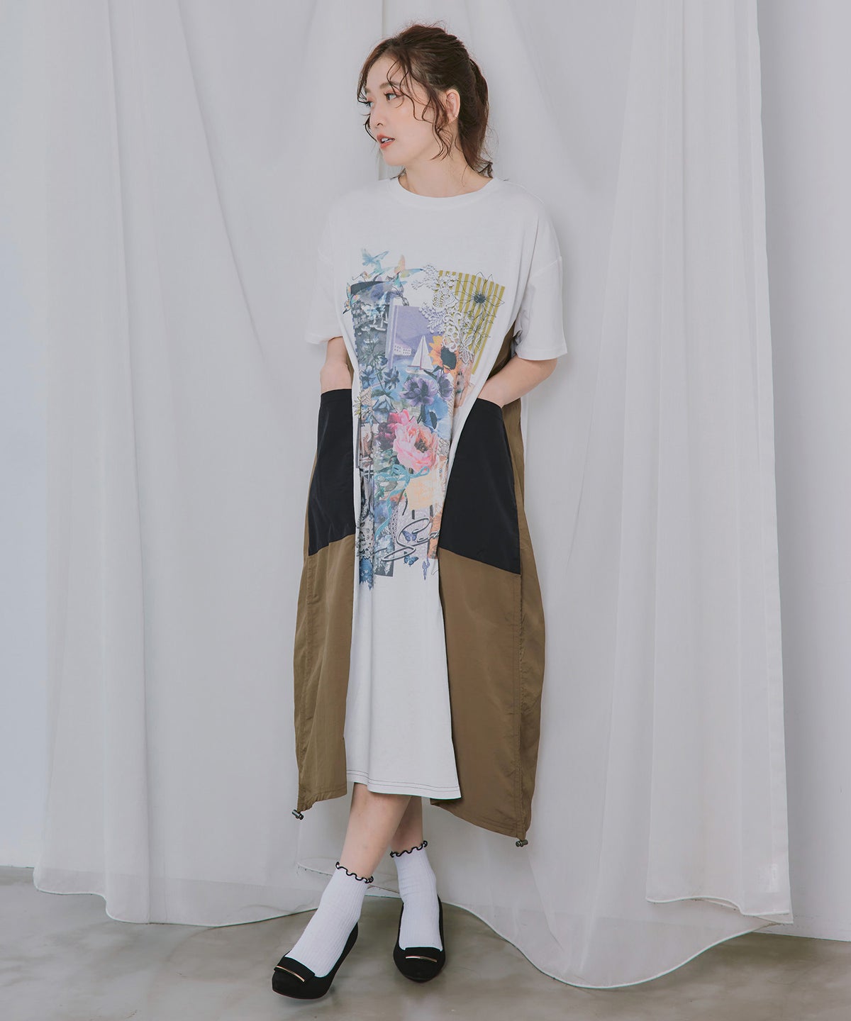 夏の花コラージュ柄 異素材切替ワンピース-7