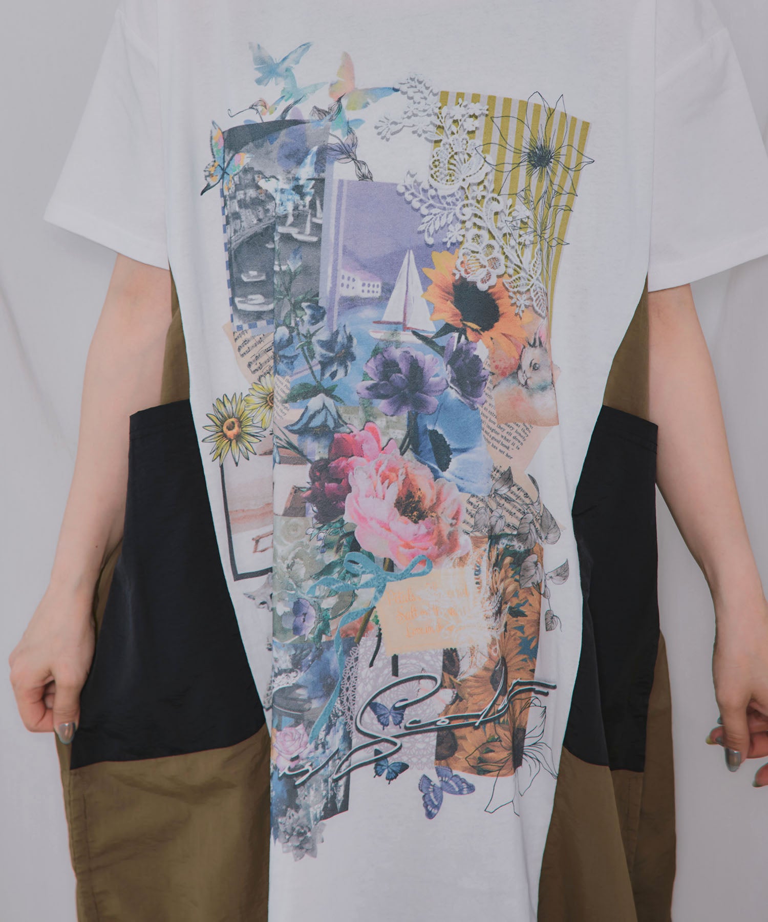 562259：夏の花コラージュ柄 異素材切替ワンピースの通販-ScoLar