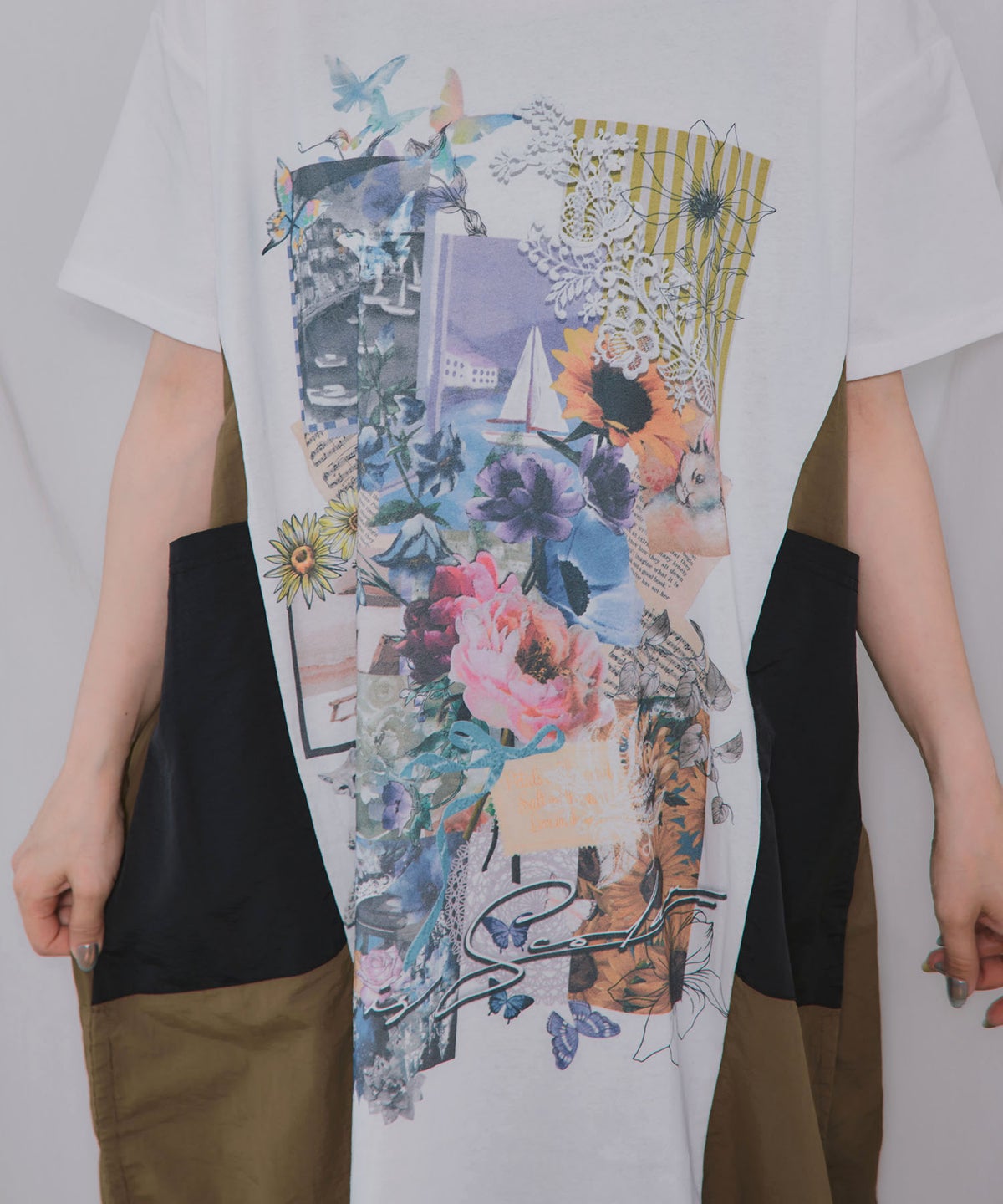 夏の花コラージュ柄 異素材切替ワンピース-10