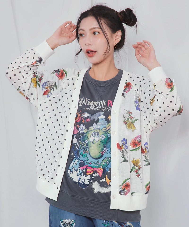 ドット×花ネコ柄 シアーカーディガン-1