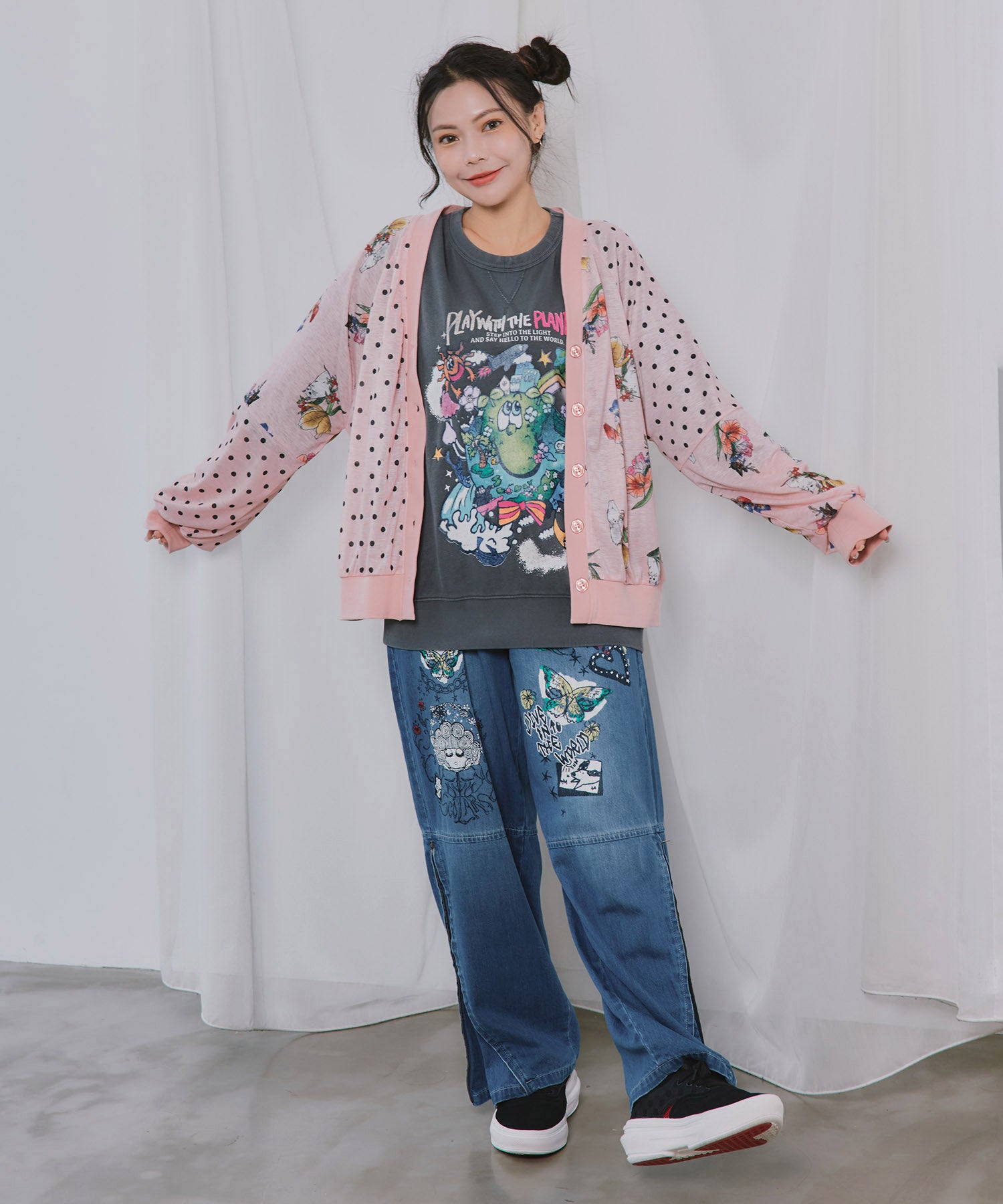 162748：ドット×花ネコ柄 シアーカーディガンの通販-ScoLar