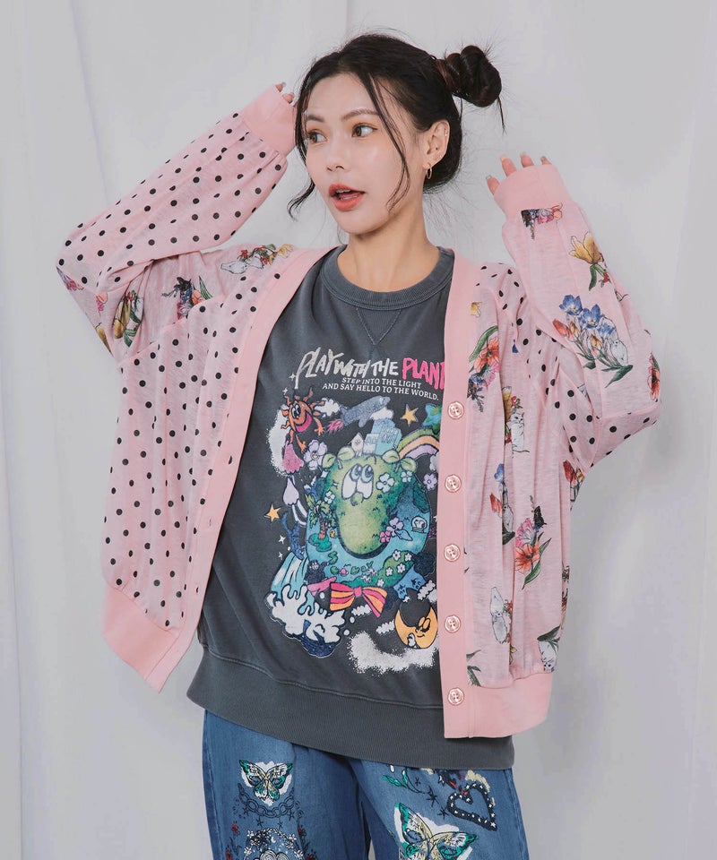 ドット×花ネコ柄 シアーカーディガン-3