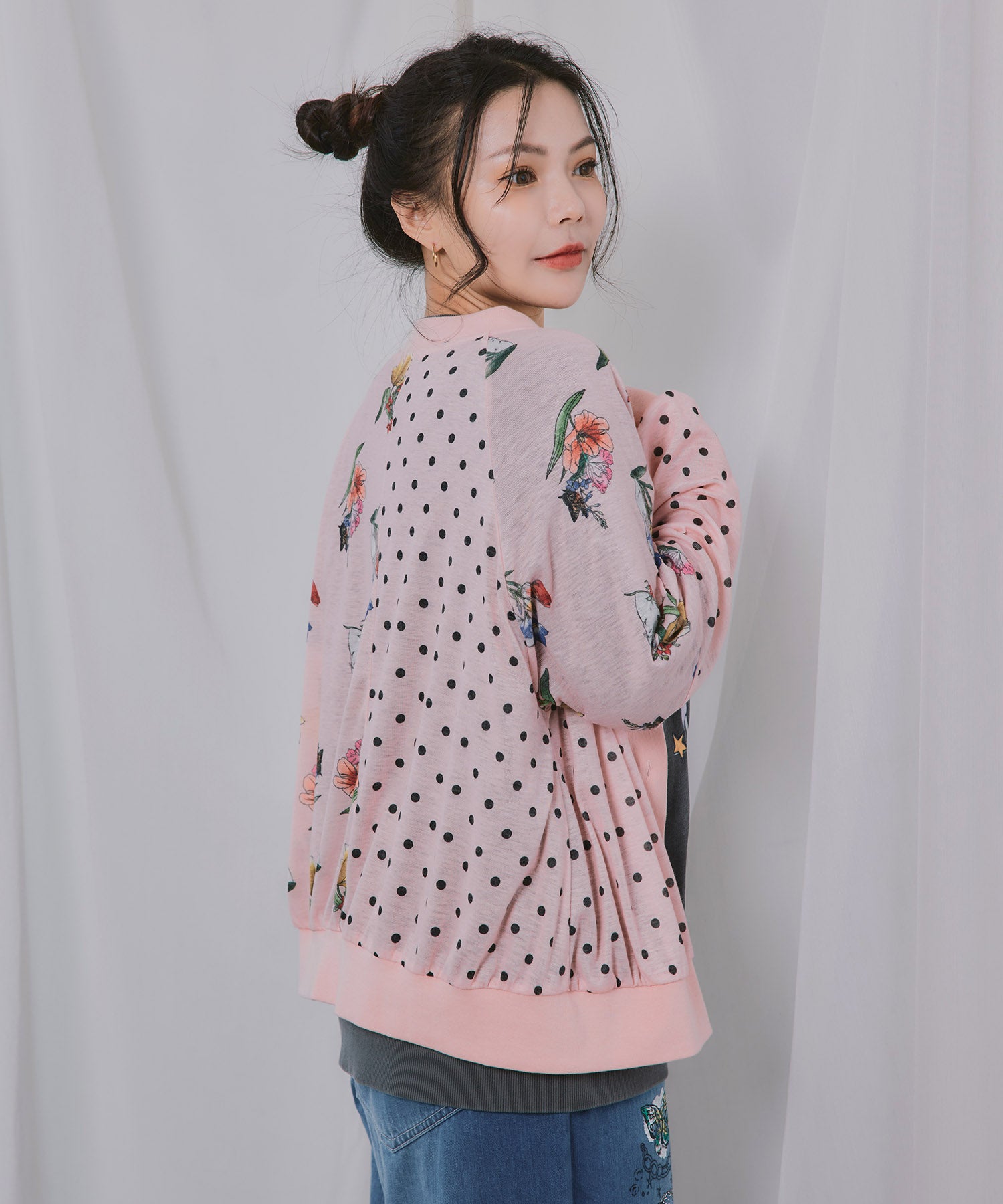 162748：ドット×花ネコ柄 シアーカーディガンの通販-ScoLar