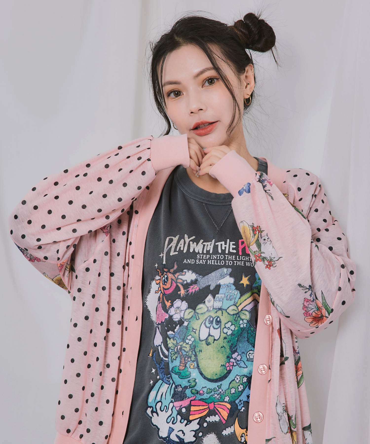 162748：ドット×花ネコ柄 シアーカーディガンの通販-ScoLar