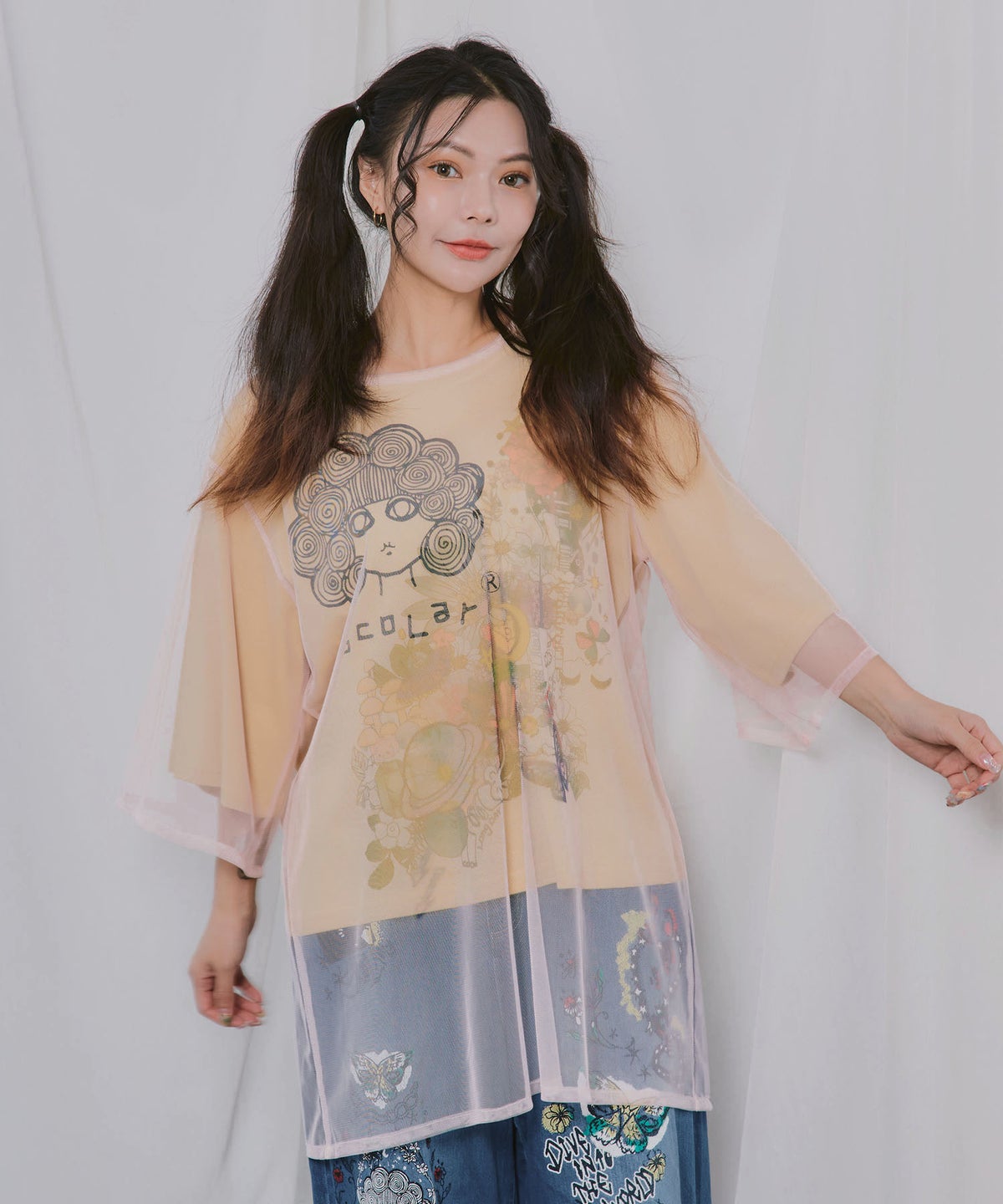 スカラーちゃん×花×惑星柄 チュール重ねTシャツ-1