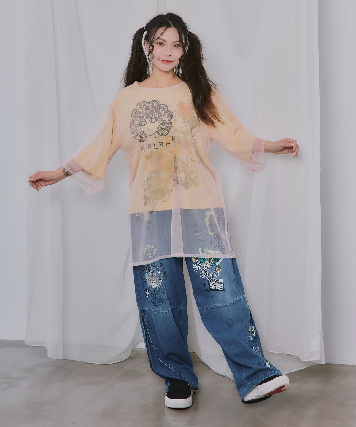 スカラーちゃん×花×惑星柄 チュール重ねTシャツ-2