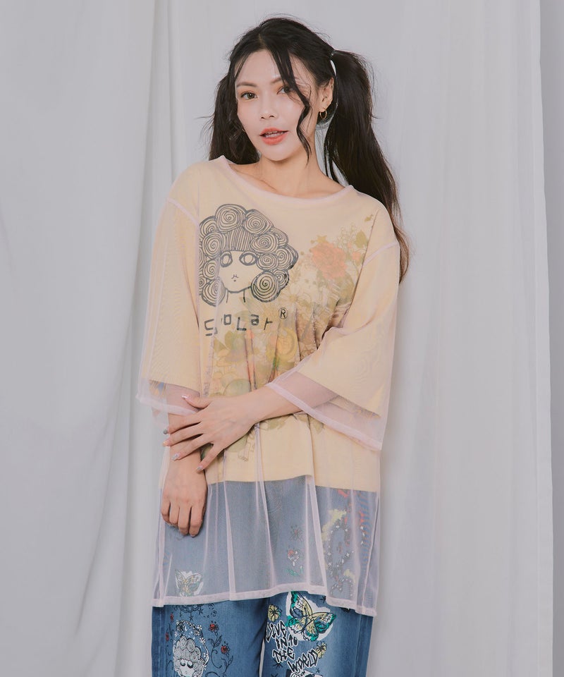 スカラーちゃん×花×惑星柄 チュール重ねTシャツ-3
