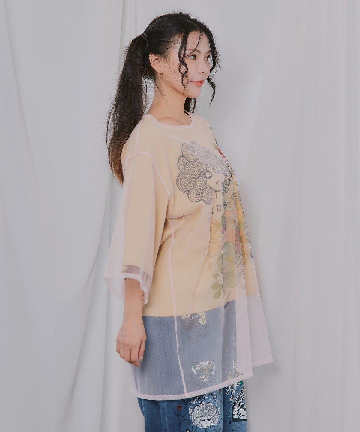 スカラーちゃん×花×惑星柄 チュール重ねTシャツ-4