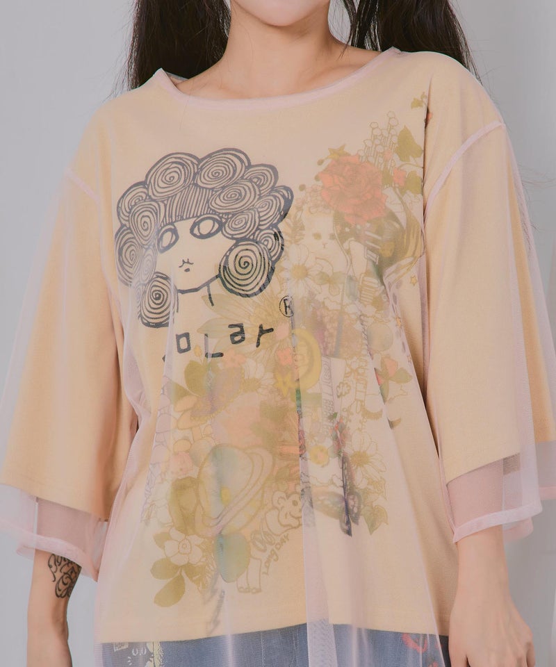 スカラーちゃん×花×惑星柄 チュール重ねTシャツ-6