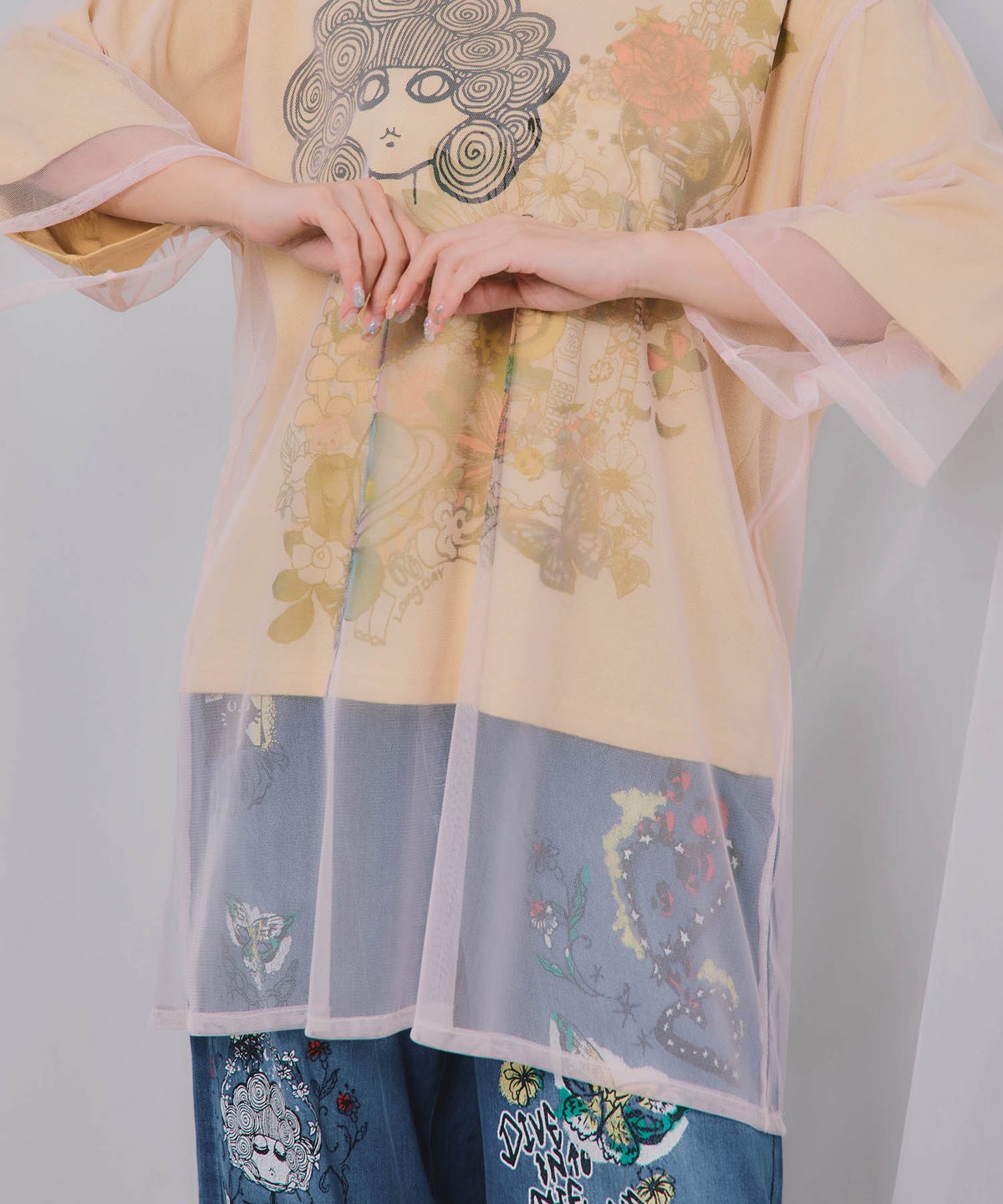 スカラーちゃん×花×惑星柄 チュール重ねTシャツ-7