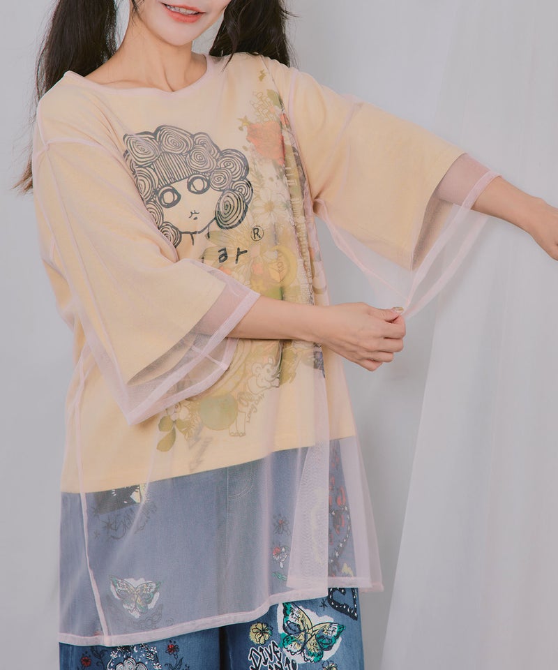 スカラーちゃん×花×惑星柄 チュール重ねTシャツ-8