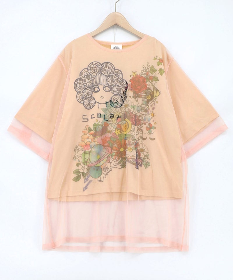 スカラーちゃん×花×惑星柄 チュール重ねTシャツ-13